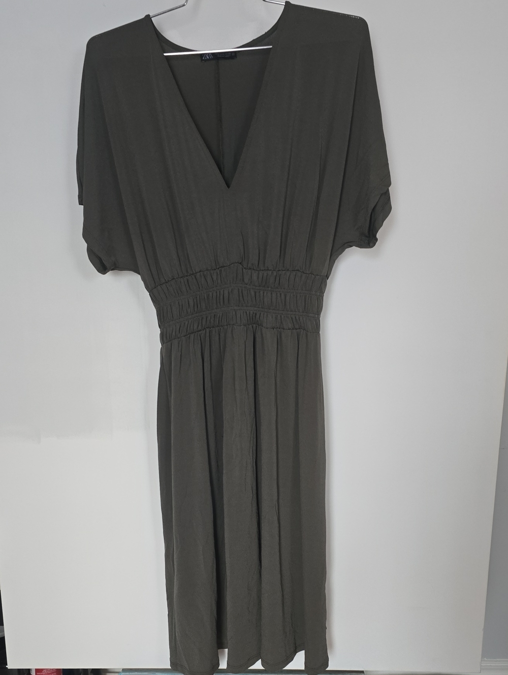 Zara Olive Green V-Neck Smocked-Waist Midi Dress